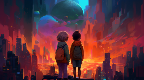 4. Children exploring captivating urban cityscape with wonder 4. Children exploring captivating urban cityscape with wonder