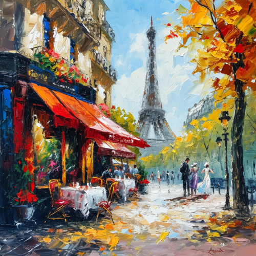 4. Colorful street scene with people and Eiffel Tower