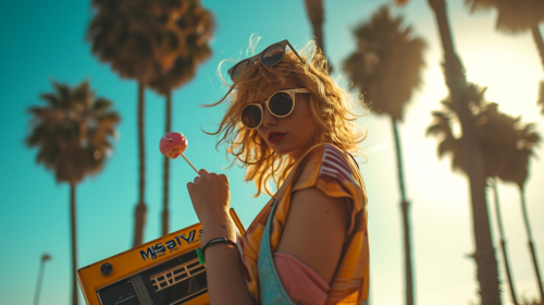 Skater girl in vibrant 1980s street scene Skater girl in vibrant 1980s street scene