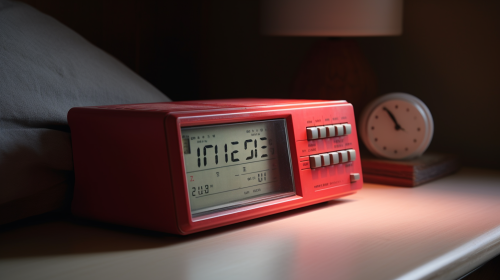 1990s digital clock radio with red numbers, cozy atmosphere. 1990s digital clock radio with red numbers, cozy atmosphere.