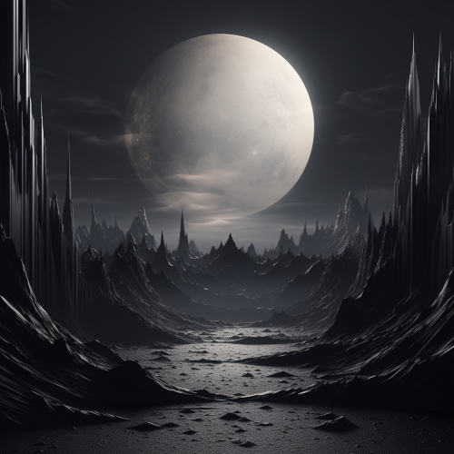 Serene 3D fantasy scene with minimalistic black design