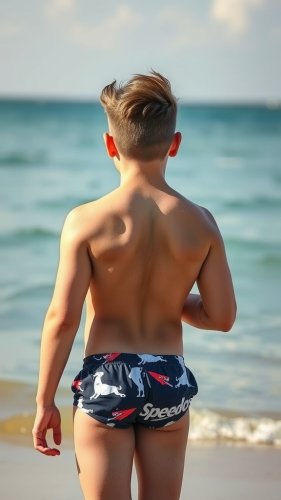 A 13-year-old boy models swimwear at beach. A 13-year-old boy models swimwear at beach.