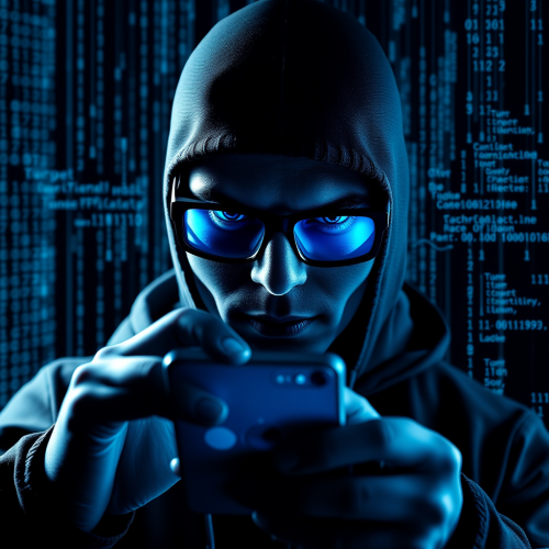 A Hacker's Phone: Digital Art with Blue Codes A Hacker's Phone: Digital Art with Blue Codes