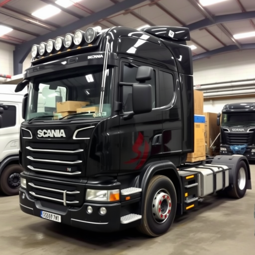A Scania Truck in Repair Shop with Boxes