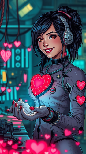 A Smiling Woman Creating Atomic Hearts in Futuristic Style A Smiling Woman Creating Atomic Hearts in Futuristic Style