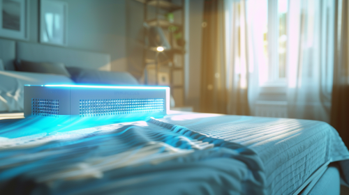 A UV sterilizer shining on a clean bedroom.