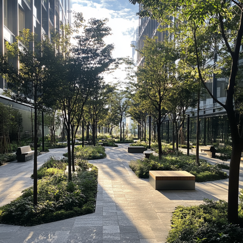 A View of Modern Downtown Garden with Trees and Benches