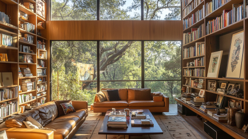 A cozy living room with books, art and nature. A cozy living room with books, art and nature.