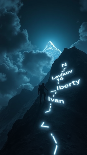 A figure climbs lit mountain towards goal. A figure climbs lit mountain towards goal.