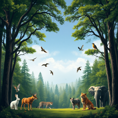 A forest with various animals under clear sky. A forest with various animals under clear sky.