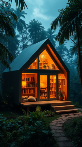 A futuristic jungle house with cozy bookshelves. A futuristic jungle house with cozy bookshelves.