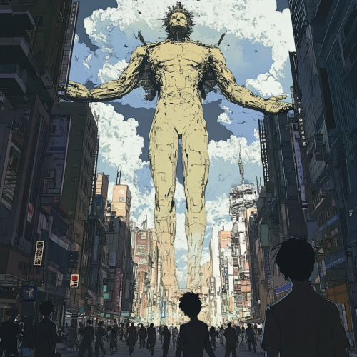 A giant god greets humans in anime city A giant god greets humans in anime city