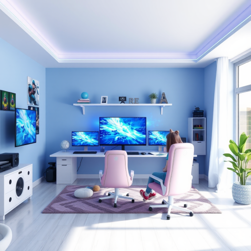 A girl's blue gaming room with a desk. A girl's blue gaming room with a desk.