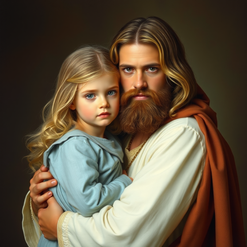 A girl with blond hair, Jesus holding her. A girl with blond hair, Jesus holding her.