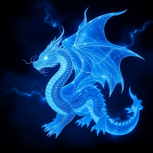 A glowing iridescent blue silver dragon in a storm. A glowing iridescent blue silver dragon in a storm.