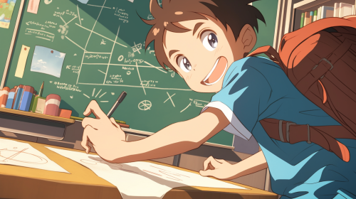 A joyful student solves math on classroom board. A joyful student solves math on classroom board.