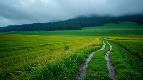 A path through a wet countryside field. A path through a wet countryside field.