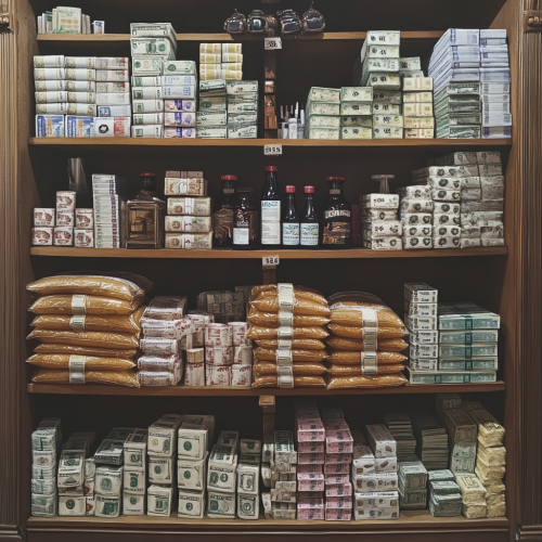 A pharmacy cabinet filled with money and medicine A pharmacy cabinet filled with money and medicine
