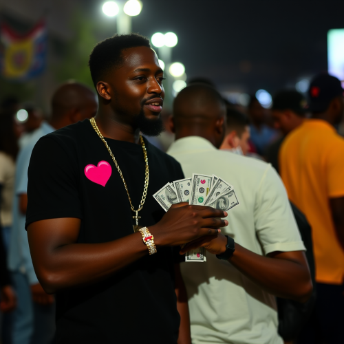 A picture of Fante Vandam with heart and cash emojis. A picture of Fante Vandam with heart and cash emojis.