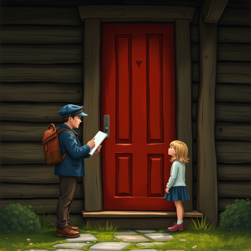 A postman delivers a letter to a wooden house. A postman delivers a letter to a wooden house.