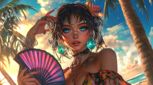 A pretty girl with blue eyes and fan in anime style. A pretty girl with blue eyes and fan in anime style.