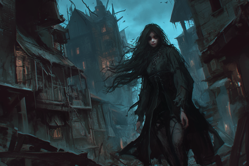 A spooky woman in dark town, hyper-realistic style. A spooky woman in dark town, hyper-realistic style.