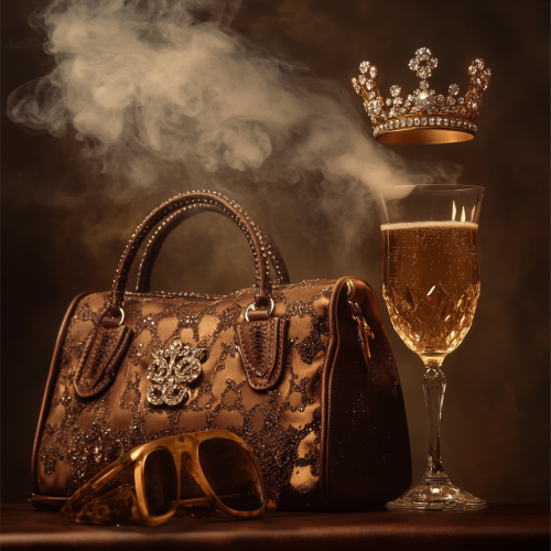 A vintage image of diamonds, gold crown, handbag, champagne. A vintage image of diamonds, gold crown, handbag, champagne.