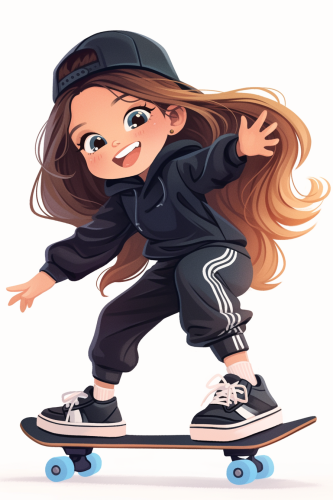 Adorable fashion girl on skateboard, smiling brightly Adorable fashion girl on skateboard, smiling brightly