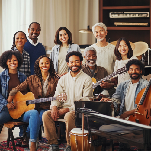 Adult music class in modern studio with instruments, smiling. Adult music class in modern studio with instruments, smiling.