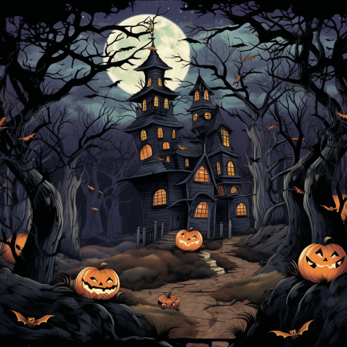 Adventurers approach haunted mansion in misty forest. Adventurers approach haunted mansion in misty forest.