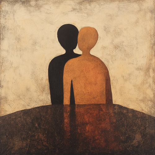 Album cover: Figures connecting in a supportive moment. Warm colors. Album cover: Figures connecting in a supportive moment. Warm colors.