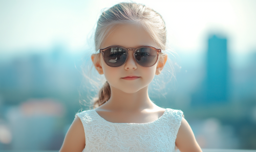 An 8-year-old girl in white dress and sunglasses, with blurred city background, in hyper-realistic photo with natural light. An 8-year-old girl in white dress and sunglasses, with blurred city background, in hyper-realistic photo with natural light.