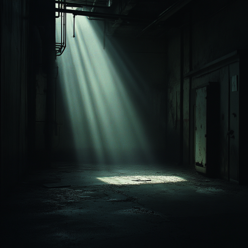 An intense, unwelcoming light creates a unsettling atmosphere.