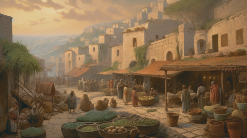 Ancient Jerusalem marketplace with fruits, spices, and buildings. Ancient Jerusalem marketplace with fruits, spices, and buildings.