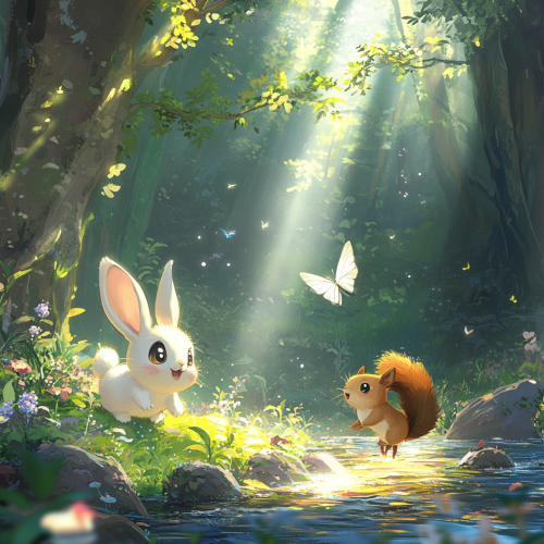 Animals play near shimmering river in lively forest Animals play near shimmering river in lively forest