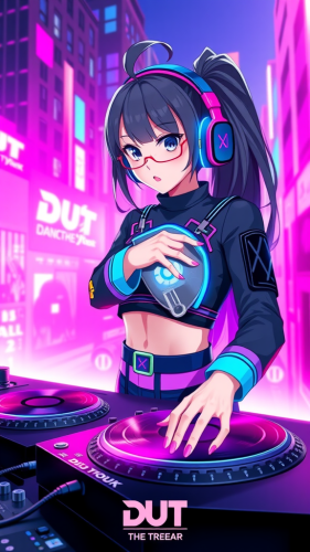 Anime DJ Girl Promoting DUT in Neon Cyberpunk Cityscape Anime DJ Girl Promoting DUT in Neon Cyberpunk Cityscape