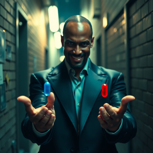 Anthony Mackie as Morpheus Offering Pills in Alley