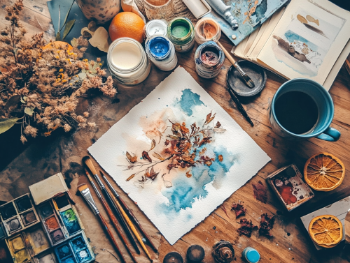 Artistic Workspace with Natural Elements and Supplies Artistic Workspace with Natural Elements and Supplies