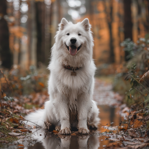 Autumn photo captures happy dog in forest setting. Autumn photo captures happy dog in forest setting.