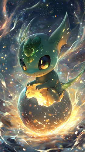 Baby Rayquaza emerges from cosmic egg, surrounded by stars. Baby Rayquaza emerges from cosmic egg, surrounded by stars.