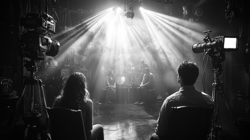 Band members on TV show, chatting and laughing.