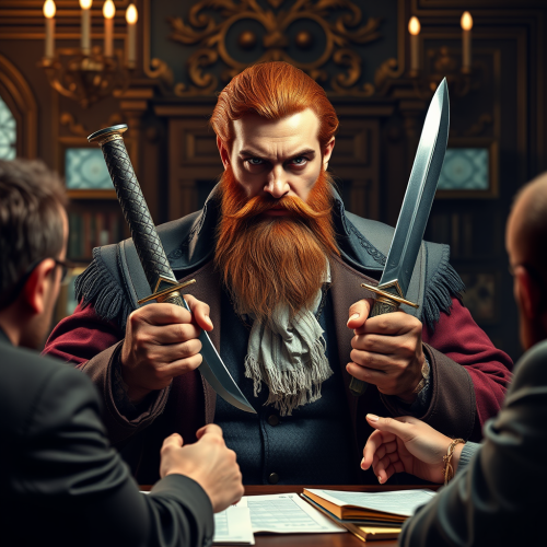 Banker with Daggers Negotiating in Grand Office Banker with Daggers Negotiating in Grand Office