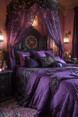 Bedroom with deep purples, gothic arch bed, crystal balls.
