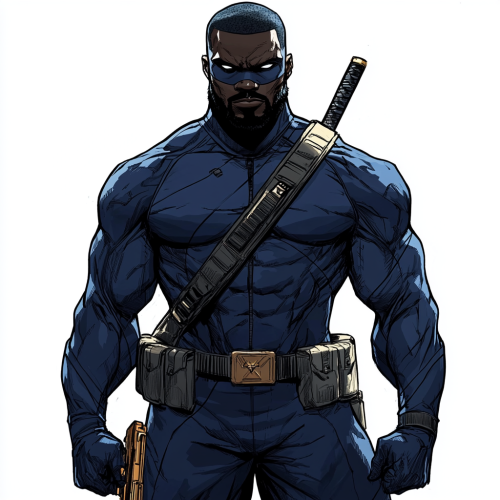 Black superhero in navy blue suit with weapons, comic style  Black superhero in navy blue suit with weapons, comic style