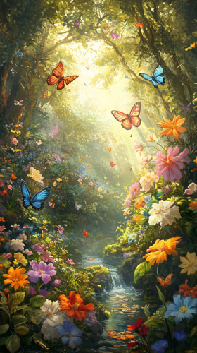 Blooming flowers in magical garden with butterflies and sunlight. Blooming flowers in magical garden with butterflies and sunlight.
