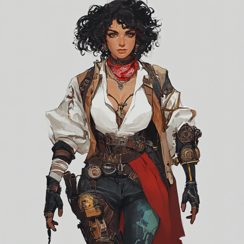 Bohemian girl in ornate coat with steampunk leg Stock Image Prompt 2Moons