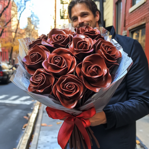 Brad Pitt holding a bouquet of chocolate roses. Brad Pitt holding a bouquet of chocolate roses.