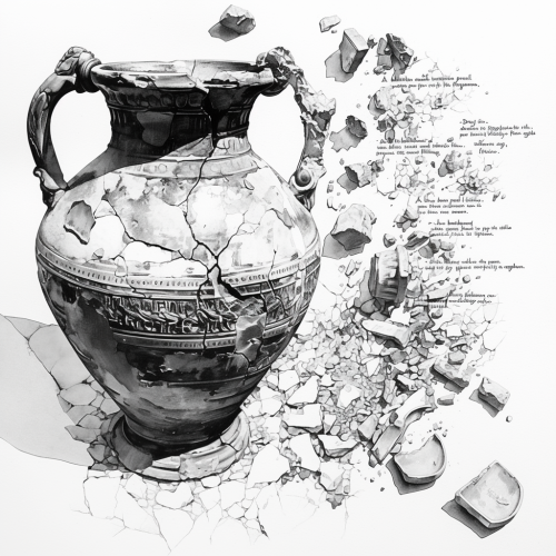 Broken pottery pieces fly away from old amphora Broken pottery pieces fly away from old amphora