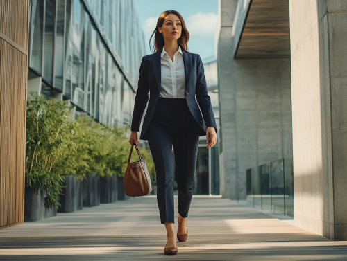 Businesswoman in blue suit walking outside office building. Businesswoman in blue suit walking outside office building.