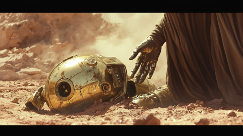 C3PO repaired by mysterious figure in desert landscape. C3PO repaired by mysterious figure in desert landscape.